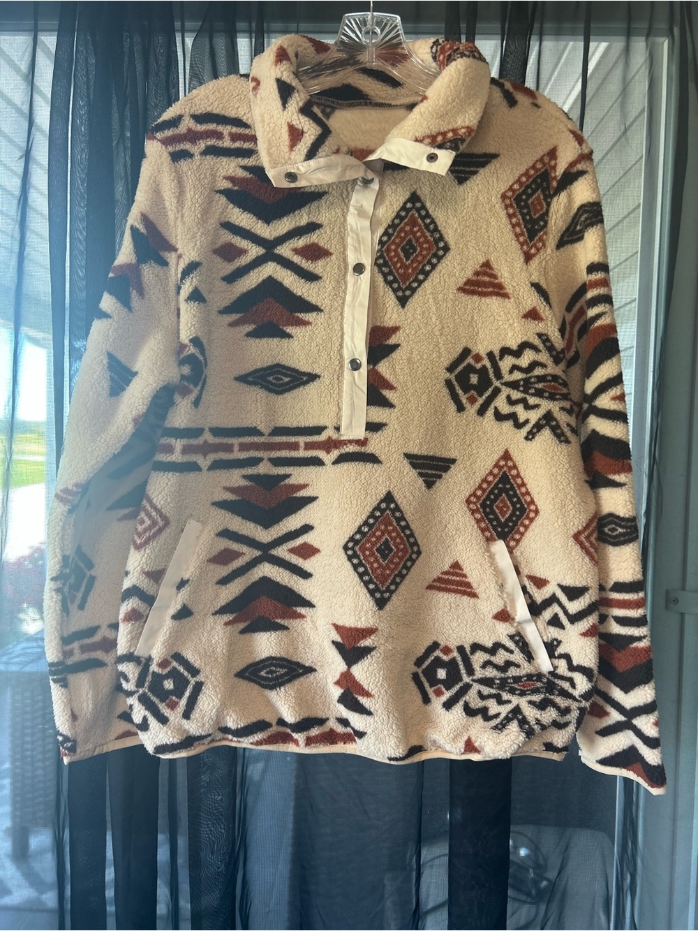 Cozy Tribal-Print Sherpa Pullover Sweater - Cream/Brown